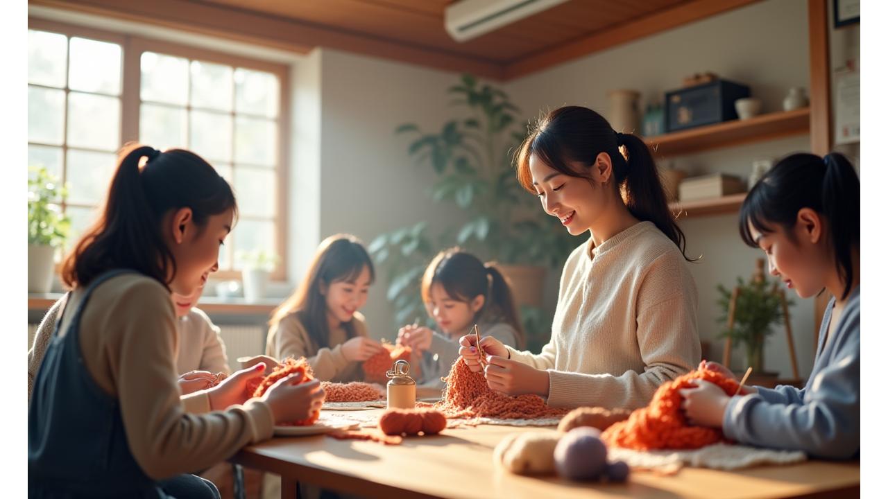 Ayaori Craft Schoolの温かい教室風景と創立者、生徒たちが共に編み物をする様子