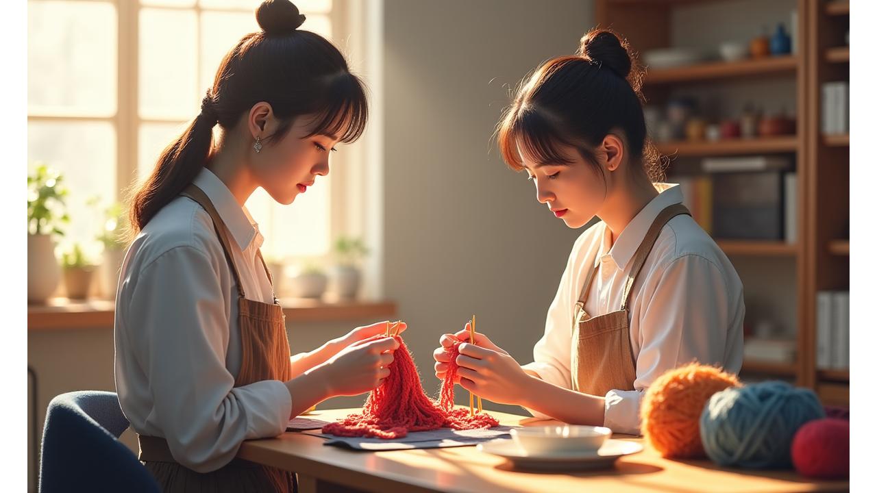 温かい光が差し込む教室で、講師と生徒が丁寧に編み物を教え合う様子