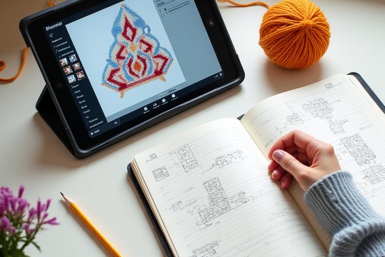 編み図ソフトウェアの画面と手描きのパターン設計図