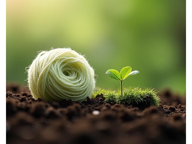 土に還る生分解性素材から作られた、優しい色合いの編み糸と芽吹いたばかりの植物