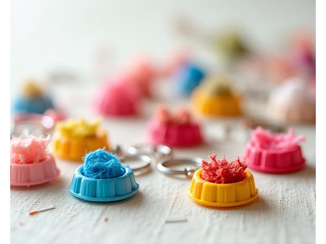 再利用されたペットボトルキャップとリサイクル素材で作られたカラフルなアクセサリー