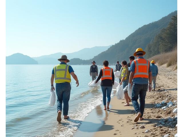 地域住民が協力して海岸の清掃活動を行っている様子