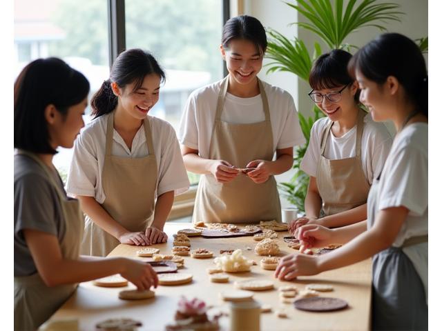 多様な国籍の人々がエコクラフト作品を囲んで笑顔で交流している様子