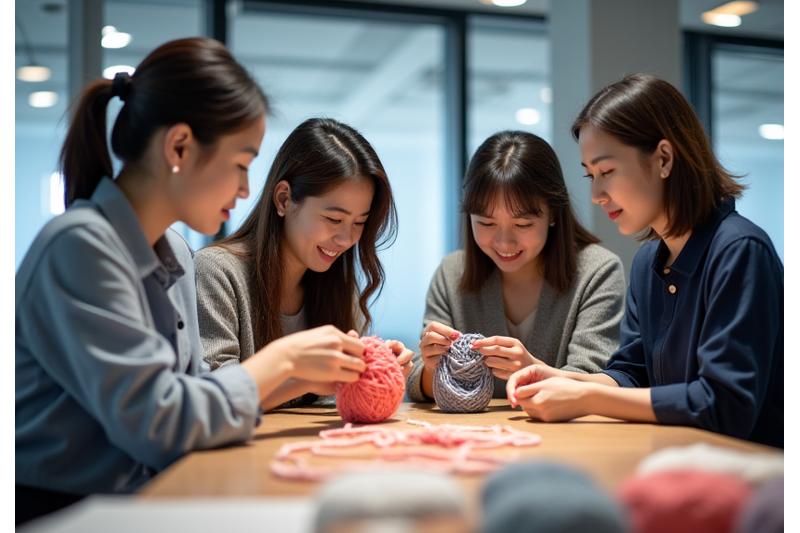 企業研修でチームで編み物をするビジネスパーソン
