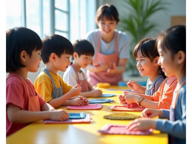 子供たちが楽しそうに編み物をする様子