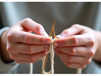 編み棒の使い方を学ぶ手元