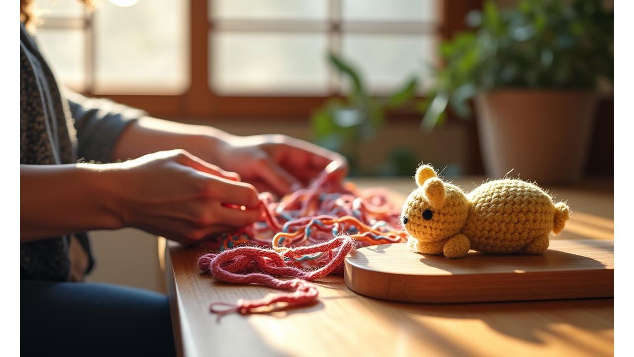 伝統的な和の空間でさをり織りとあみぐるみを制作している様子、温かい光が差し込む