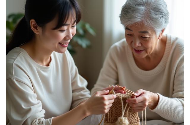 講師がシニアの生徒に編み物を優しく教えている様子