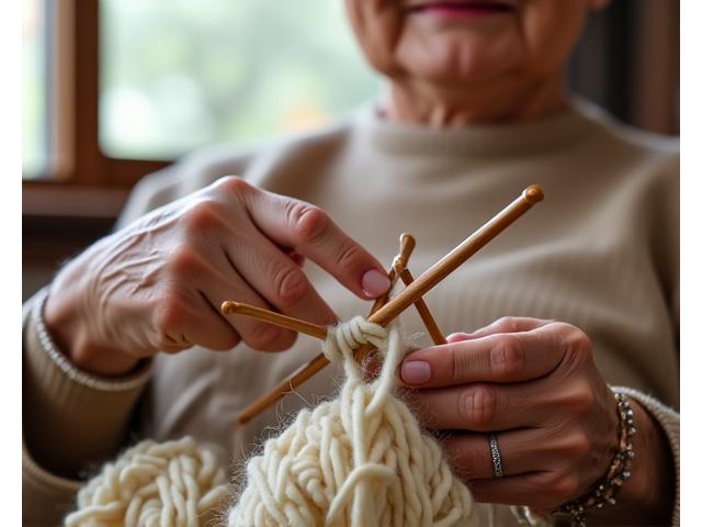 笑顔で編み物をするシニアの女性の手元と編みかけの作品
