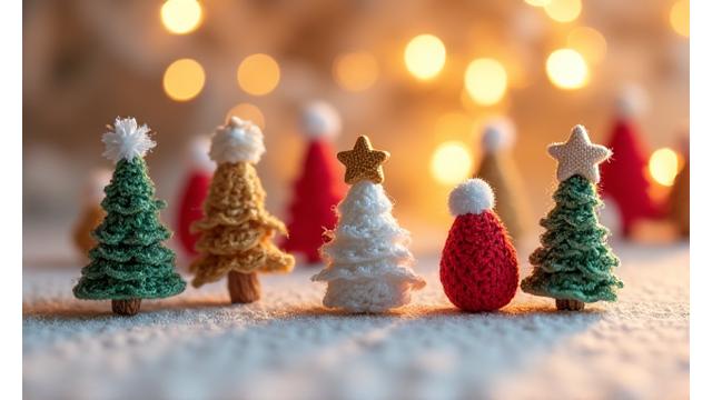 季節感あふれる、編み物で作られたクリスマスのオーナメント