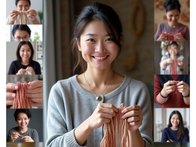 オンラインで編み物を教えている講師と、それを見ている生徒の様子が画面に映っている