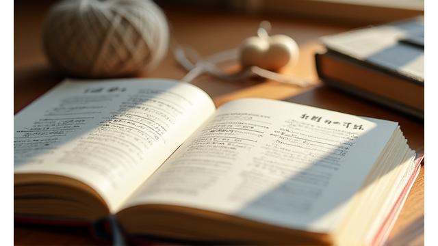 編み物の教科書とメモ、学習履歴を示すイメージ