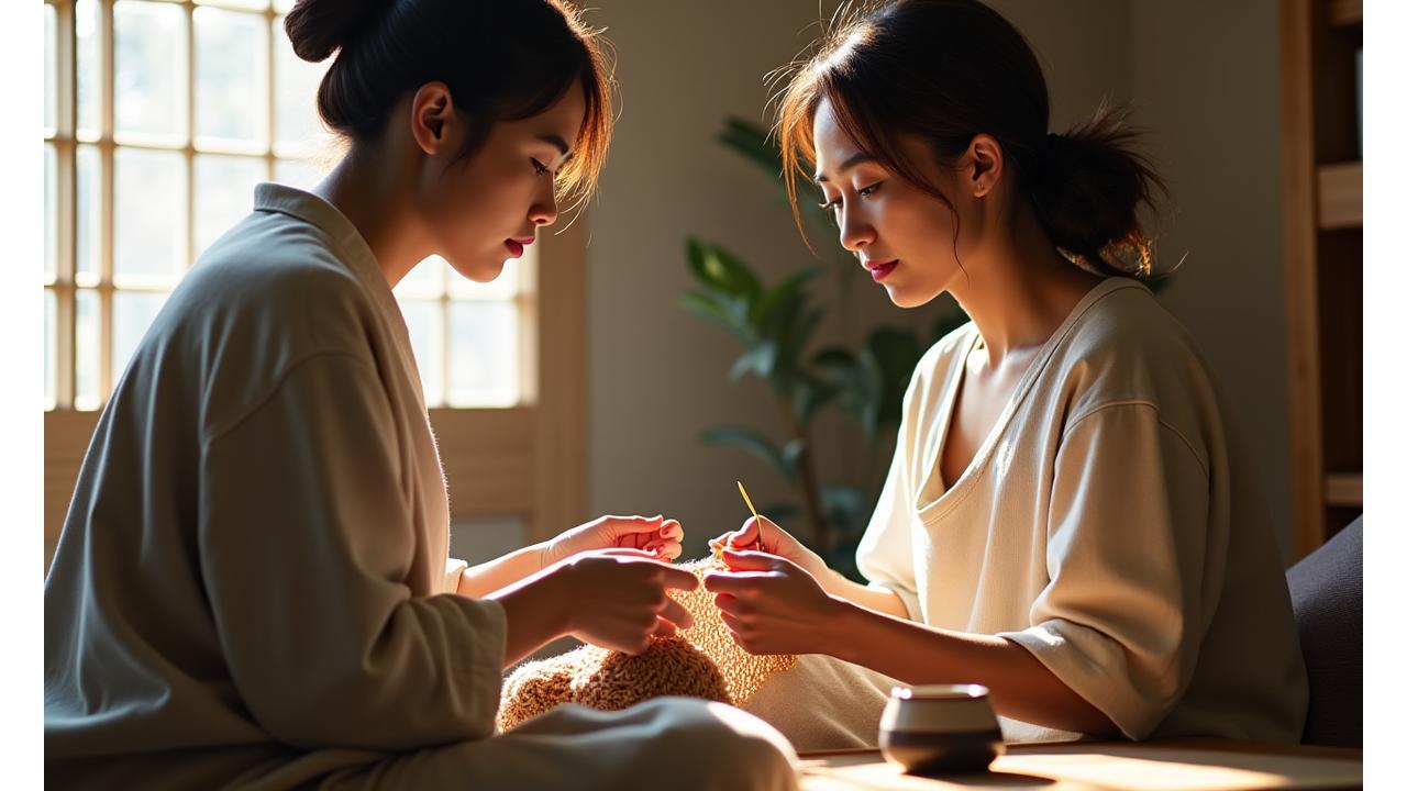 温かい光が差し込むアトリエで、講師が一対一で編み物を教えている様子。手元には柔らかい色の毛糸と竹製の編み針が見える。