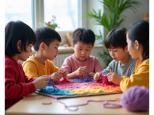 小学校高学年の子が共同で編み物をする写真