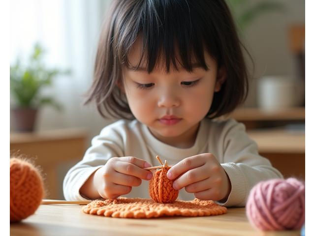 小学校低学年の子供が編み物をする様子
