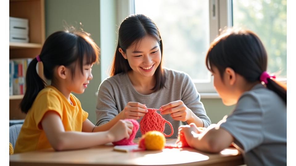 先生と生徒が一緒にクラフトを楽しむ様子
