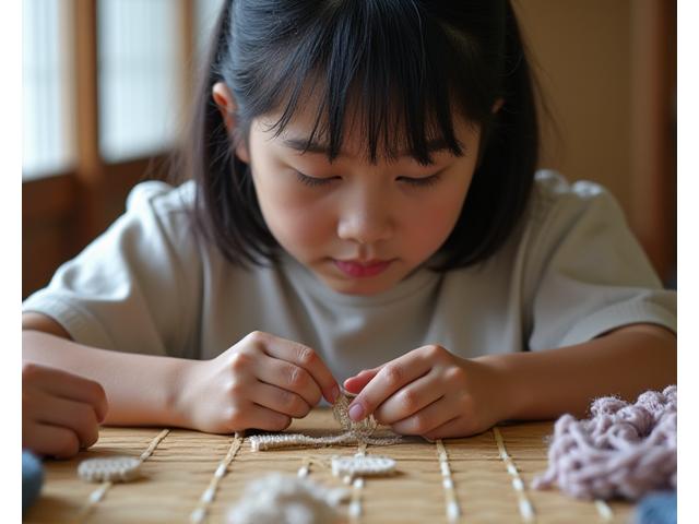 中学生が伝統的な編み物を学ぶ様子