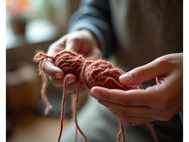 拡大鏡を使って毛糸の質感を丁寧にチェックする職人の手元